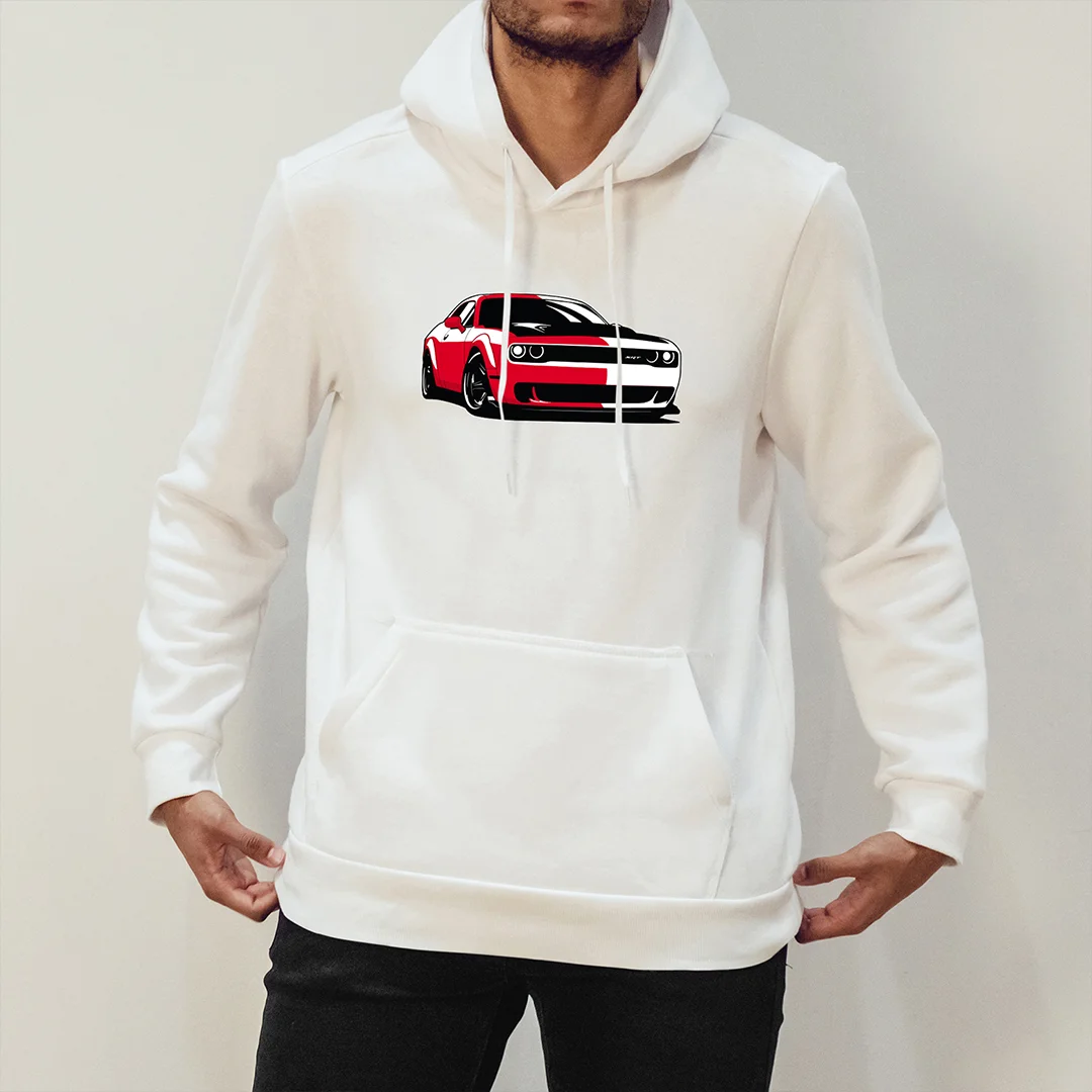 Red Dodge Challenger On White Hoodie 
