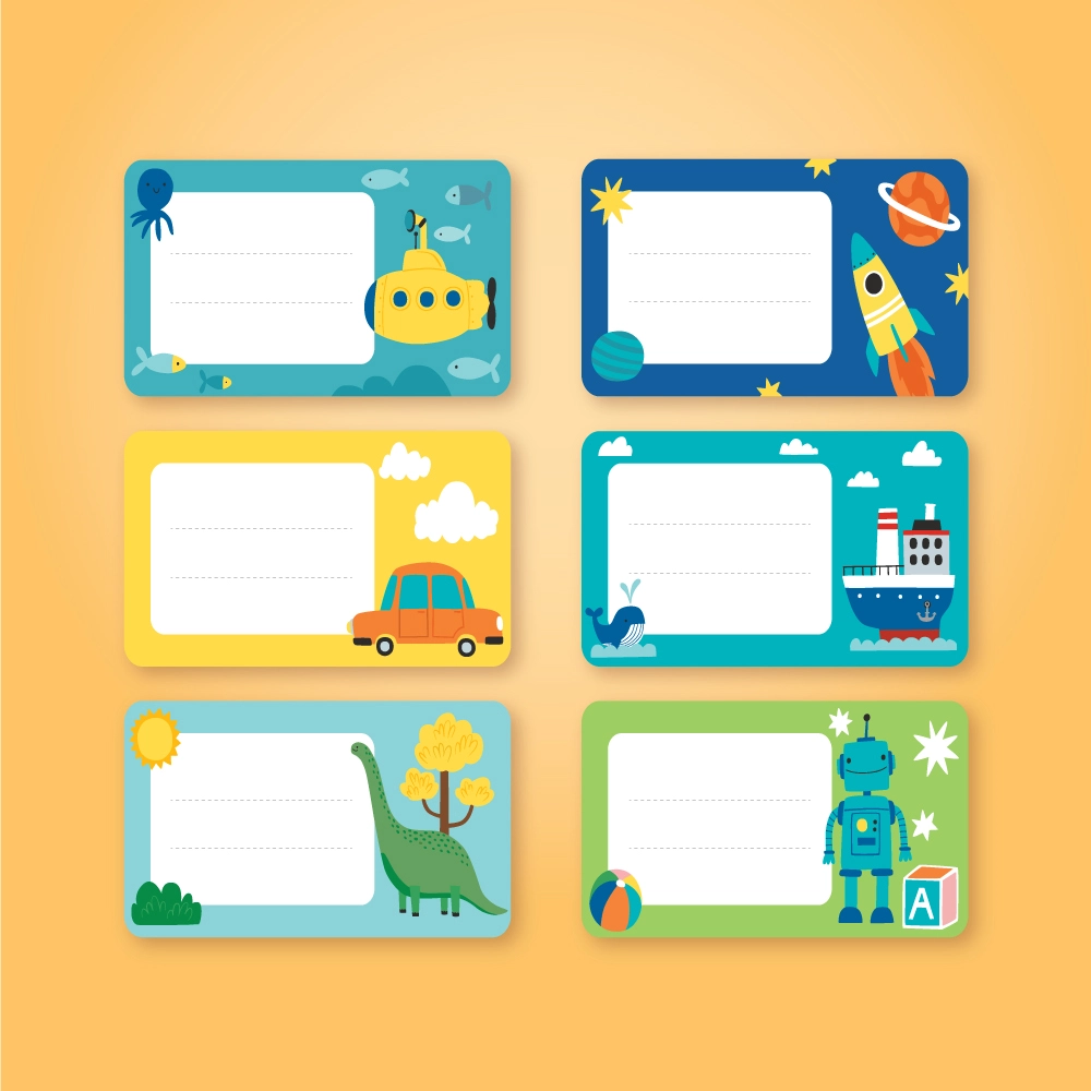 Set Of School Labels With Hand Drawn Design, Add Your Name In The Request Box