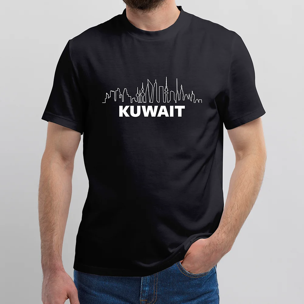 Outline Kuwait City Skyline Design On Black Tshirt